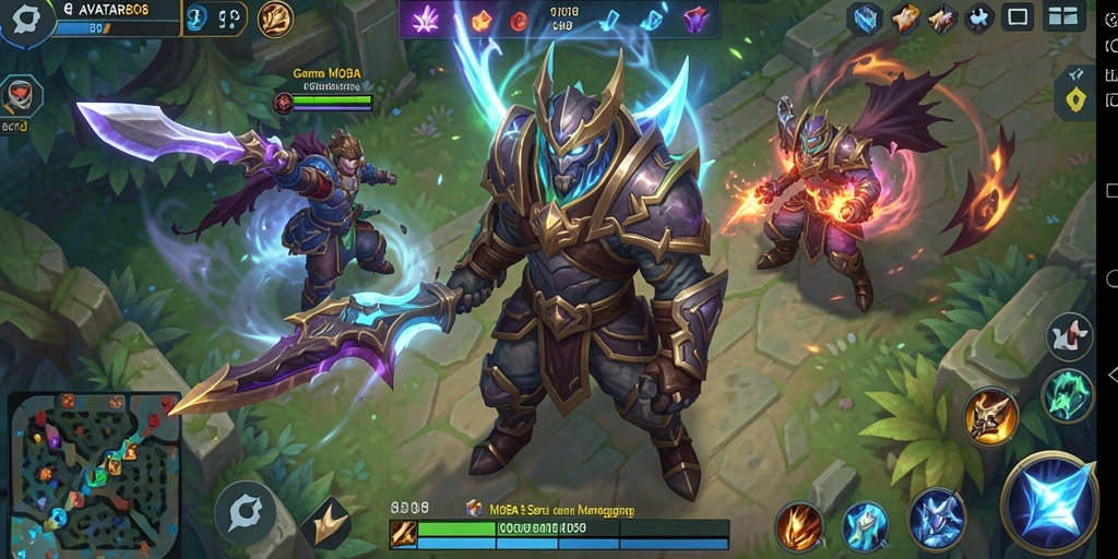 Screenshot gameplay seru dari AVATAR808 menunjukkan aksi pertempuran MOBA yang mendebarkan.