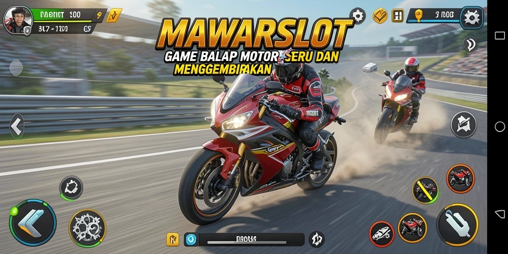 Tangkapan layar gameplay seru dari MAWARSLOT dengan balapan motor yang mendebarkan.