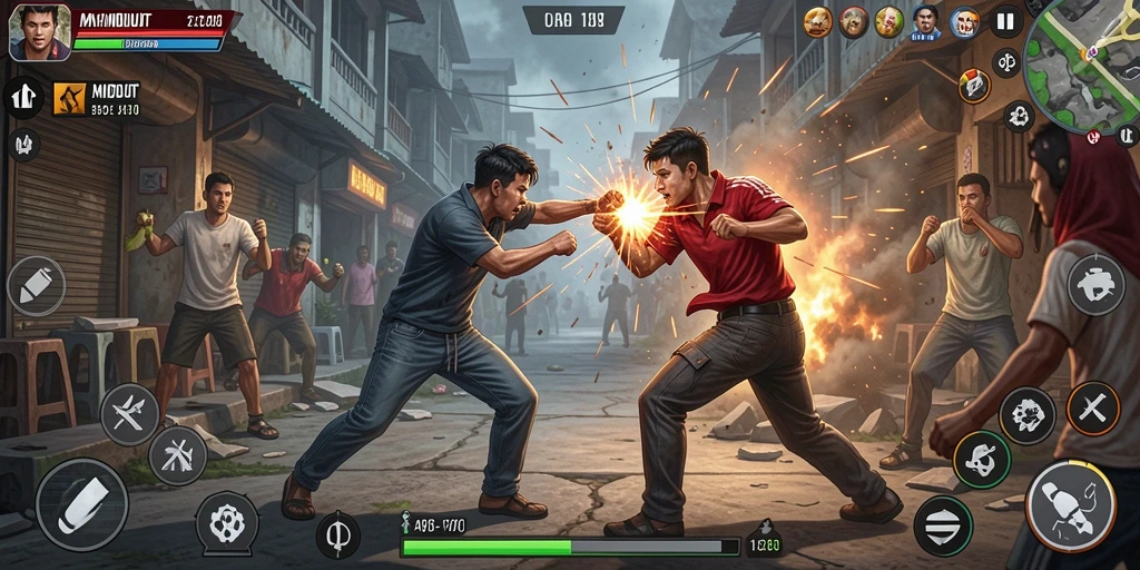 Screenshot menunjukkan pertarungan seru dengan karakter yang beraksi.
