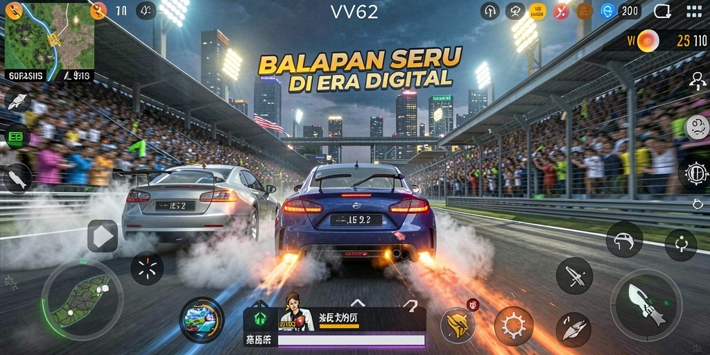 Tampilan utama gameplay VV62 dengan mobil balap yang cepat.