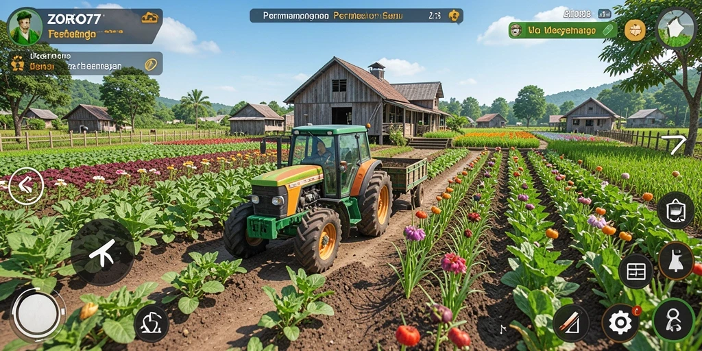 Tangkapan layar gameplay ZORO77 menampilkan ladang subur dan aktivitas bertani.
